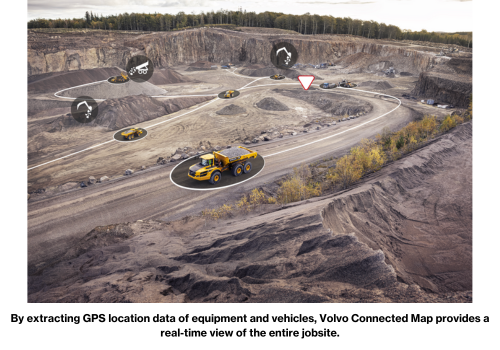 By extracting GPS location data of equipment and vehicles, Volvo Connected Map provides a real-time view of the entire jobsite.