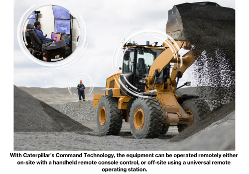 With Caterpillar’s Command Technology, the equipment can be operated remotely either on-site with a handheld remote console control, or off-site using a universal remote operating station.