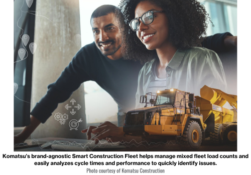 Komatsu’s brand-agnostic Smart Construction Fleet helps manage mixed fleet load counts and easily analyzes cycle times and performance to quickly identify issues.