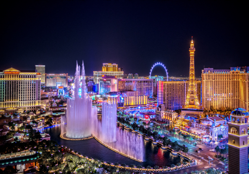 Las Vegas, USA - August 19, 2018 Panoramic view of Las Vegas strip at night in Nevada. The famous Las Vegas Strip with the Bellagio Fountain. The Strip is home to the largest hotels and casinos in the world.