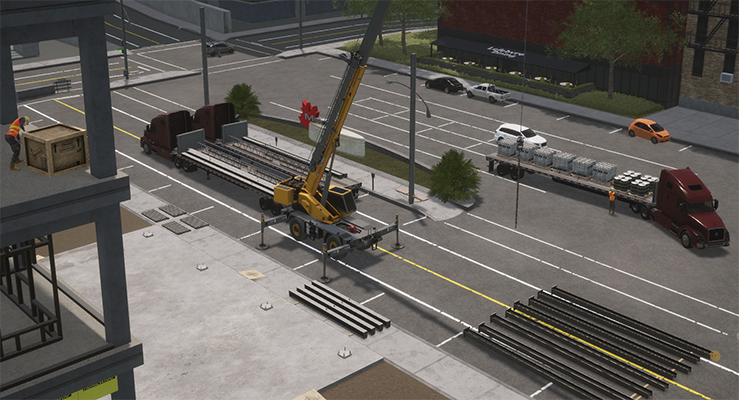 A captured image from crane training simulator showing a crane loading materials onto trucks on a street.