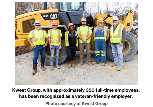 Kwest Group, with approximately 350 full-time employees, has been recognized as a veteran-friendly employer. 